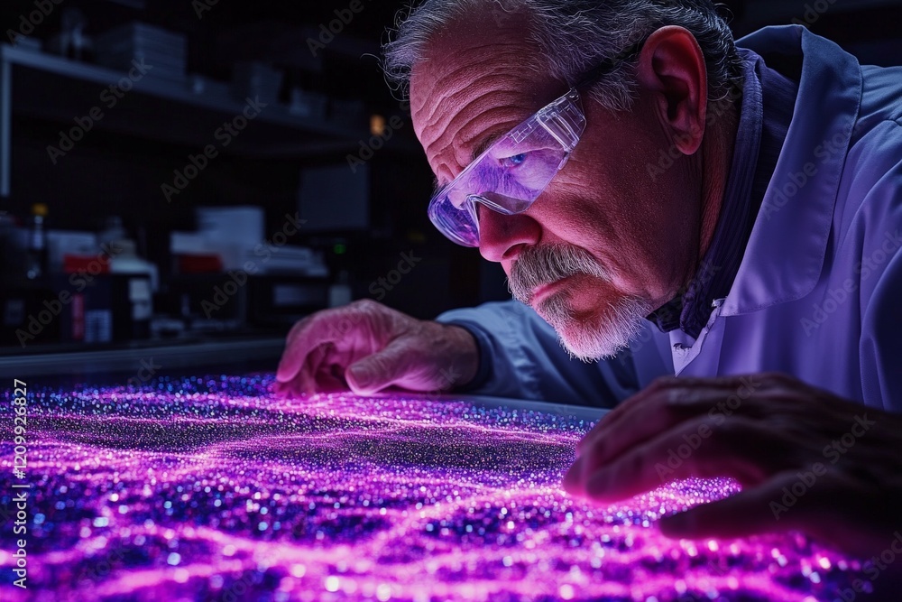 Leinwandbilder A researcher with protective gear inspects a digital screen displaying vibrant data patterns, symbolizing modern data analytics and technological advancements.