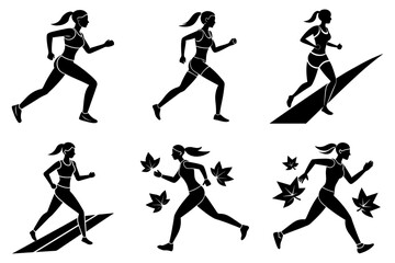 Woman jogging fitness silhouette bundle on white background design