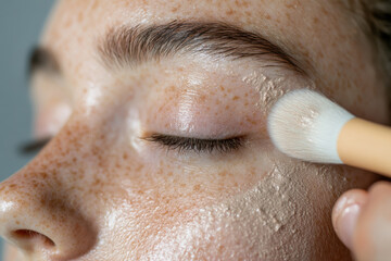 Fototapeta premium Close-up of freckled female applying makeup foundation with brush on eyelid