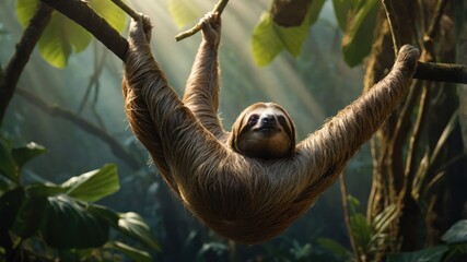 A sloth hangs from a tree in a lush, green jungle, illuminated by soft sunlight.