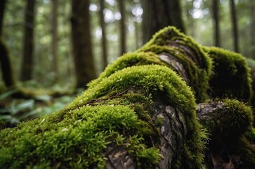 "Close-Up Photograph of Lush Green Moss on a Moss-Covered Log in a Tranquil Forest"