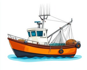 Naklejka premium Colorful Cartoon Fishing Boat with Nets and Buoys in Calm Water