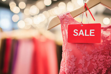 Pink lace dress on sale in fashion store with bokeh lights