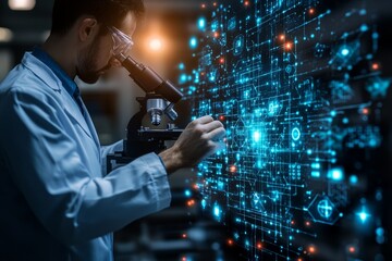 A scientist in a lab coat examines digital data using a microscope, surrounded by a futuristic holographic interface depicting complex data and technology structures.