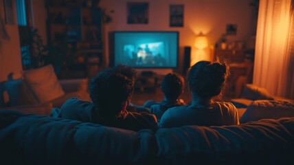 a family sitting in front of a huge flat screen television in the living-room in the evening watching a movie spending leisure time together