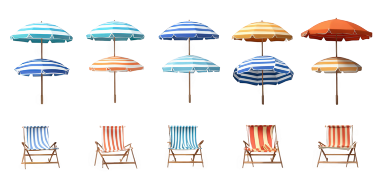 collection of colorful beach umbrellas and lounge chairs arranged in a neat layout. evoking a seaside leisure atmosphere the umbrellas come in various striped designs and colors. while the chairs are