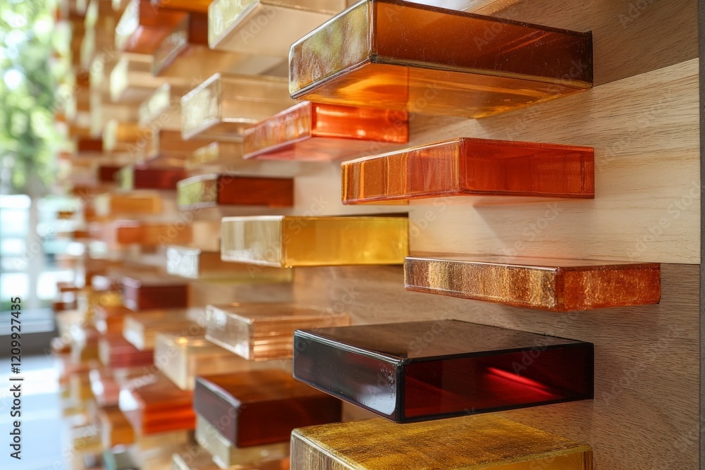 Poster a vibrant and colorful wall made of translucent glass blocks in various hues, creating a contemporar