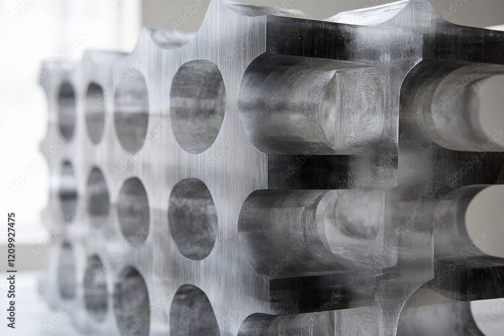 Aufkleber This image features a metallic block sculpture with precise circular cutouts, creating an intriguing abstract pattern. The texture and form evoke a sense of industrial precision.
