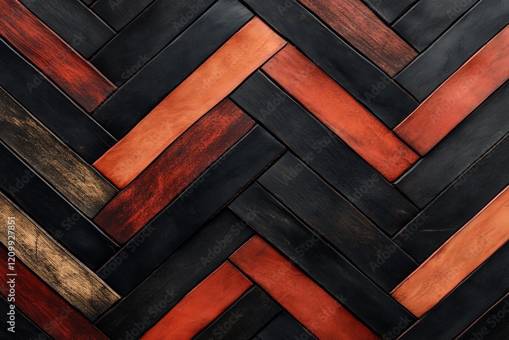 Poster This image features a vibrant herringbone pattern created using colorful leather strips, showcasing a modern and luxurious texture in rich tones and shades.