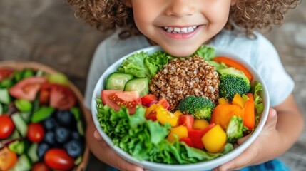 Happy child holding healthy vegetable bowl.  Food background.  Use Healthy eating campaign