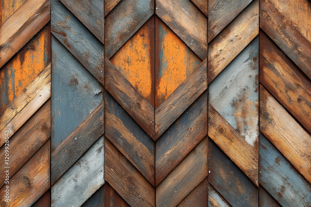 Poster a blend of weathered wood in a chevron pattern with vibrant orange accents, adding an urban touch to