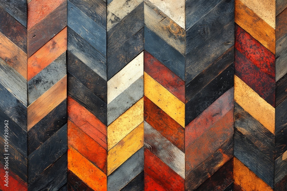 Poster this image showcases a vibrant chevron pattern made of variously colored wooden planks, creating a v