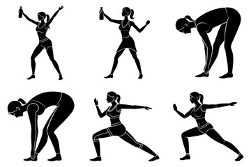 Woman fitness workout class silhouette bundle flat vector