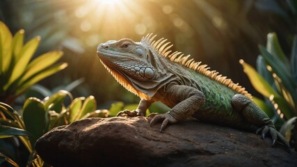 Fototapeta premium A green iguana basking on a rock with sunlight filtering through lush foliage.