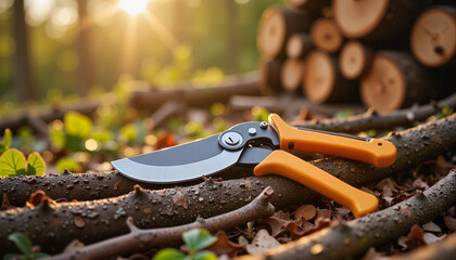 Pruning shears resting on branches in a forest at sunset