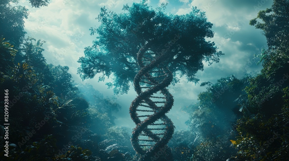 Poster captivating dna double helix structure resembling kapok tree towers in a lush jungle environment