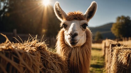A close-up of a llama smiling in a sunny, rural setting with hay bales in the background.