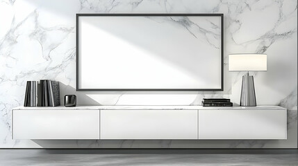 Modern TV mockup, marble wall, sunlight, interior design