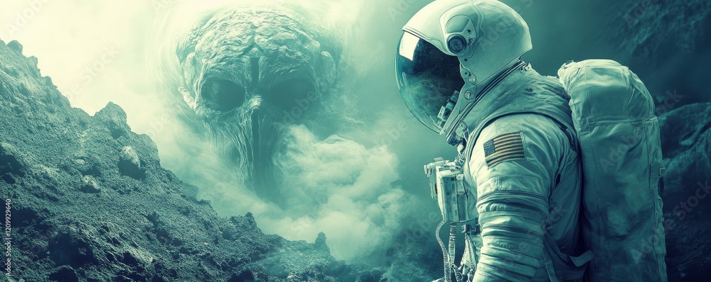 Poster a lone astronaut encountering an alien civilization that has achieved mastery over time and space.