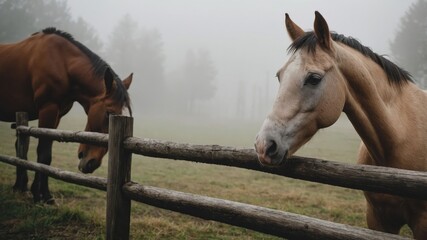 Two horses near a wooden fence in a foggy landscape.
