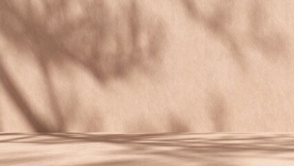 Unobtrusive natural pastel background with shadows on the wall, exterior - 3d render. Botanical empty podium with shadows from plants, palms, trees for product presentation, advertising.