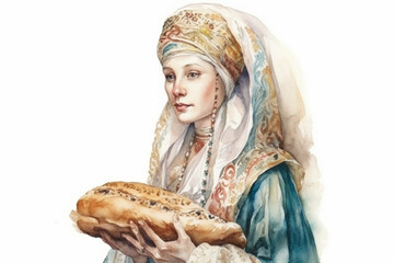 woman in ancient folk costume and baked bread, baker, illustration., watercolor style, Generative AI