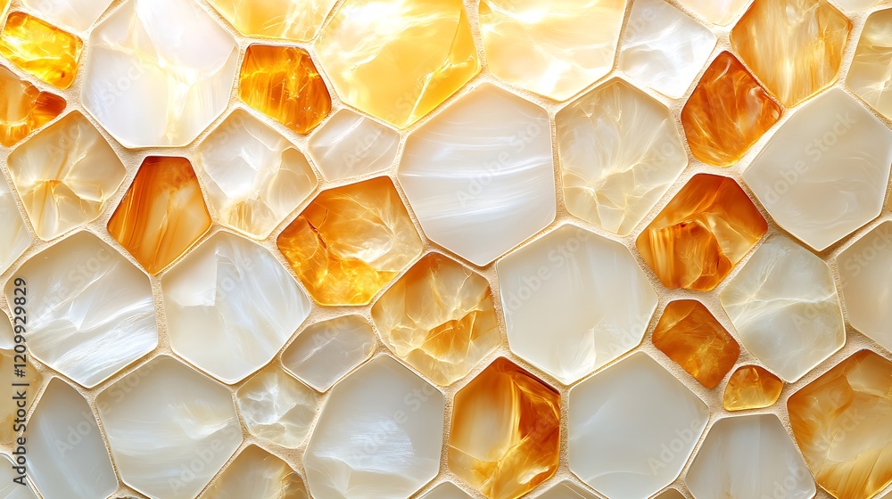 Poster golden honeycomb: a captivating abstract pattern of hexagonal tiles in shimmering shades of golden a