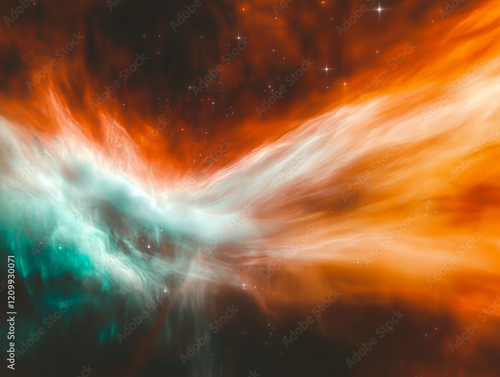 Poster nebula unfolding into bright colors, sparkling stars, and unknown objects at the center