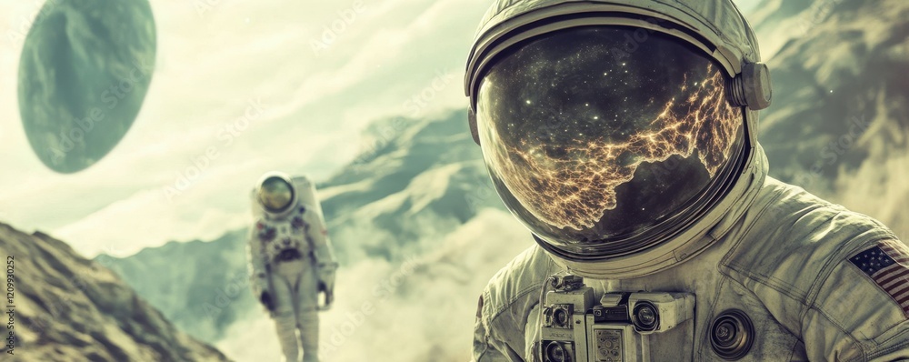 Poster a lone astronaut encountering an alien civilization that has achieved a deep understanding of the un