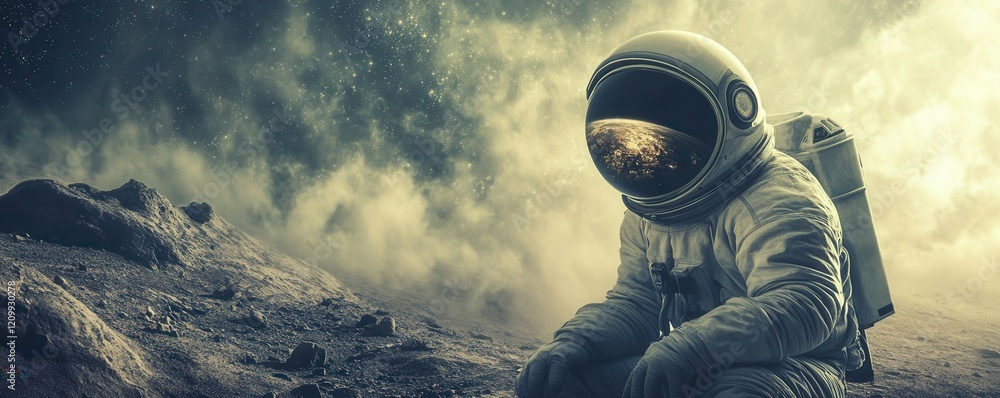 Poster a lone astronaut encountering an alien civilization that has achieved a deep understanding of the un