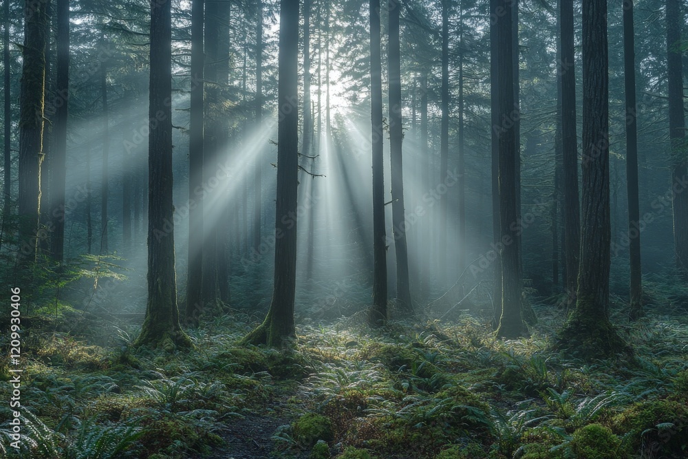 Aufkleber Rays of sunlight break through a thick forest canopy, casting intricate shadow patterns on the forest floor and highlighting the natural beauty of tall trees.