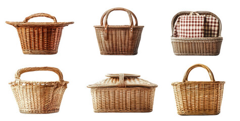 a collection of six woven baskets. displayed in two rows the baskets vary in size and design. featuring handles and some with fabric liners they represent a rustic. functional aesthetic. suitable for