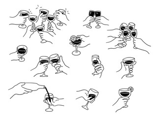 Different hands gestures hold wineglass or drink cocktails. Hand with glass of wine