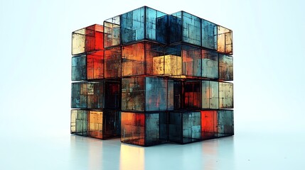 Fototapeta premium Abstract Architecture: A captivating 3D rendering of a geometric structure built from translucent glass cubes, each shimmering with vibrant hues of red, orange, yellow, and blue.