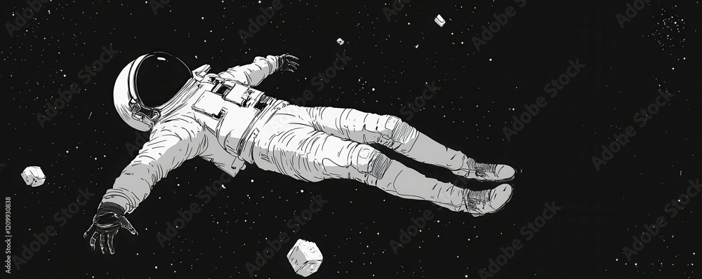 Poster a lone astronaut floating in a zero-gravity environment, surrounded by floating objects and experien