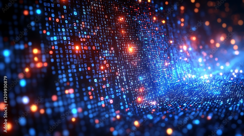 Poster digital river: abstract digital data stream with glowing blue and orange particles forming a futuris