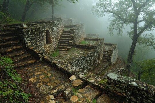 A mysterious stone ruins surrounded by a lush, mist-covered forest, showcasing ancient architecture and timeless tranquility.