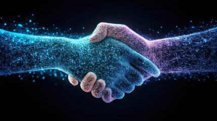 Handshake in digital futuristic style. The concept of partnership