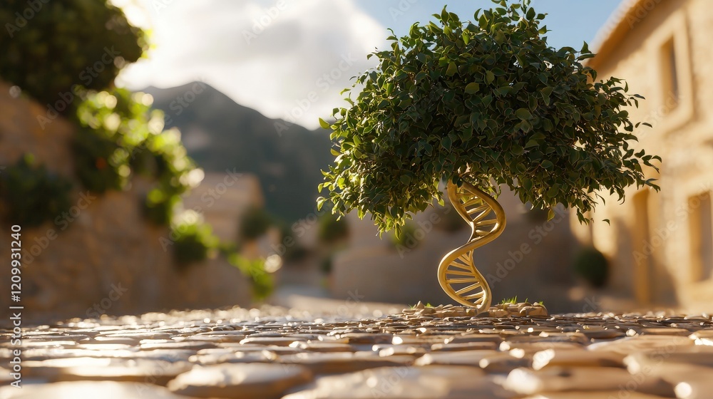 Poster artistic representation of a tree with dna double helix shaped leaves in a serene landscape setting