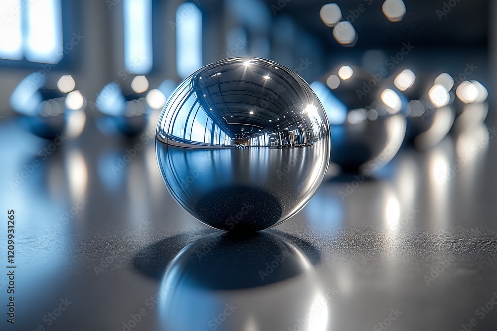 Poster a captivating glowing sphere with reflective attributes, displaying a modern indoor environment with