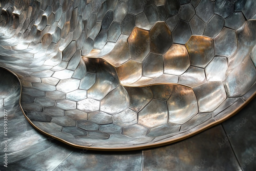 Poster an abstract metallic surface designed with a captivating hexagonal texture, invoking sensations of m