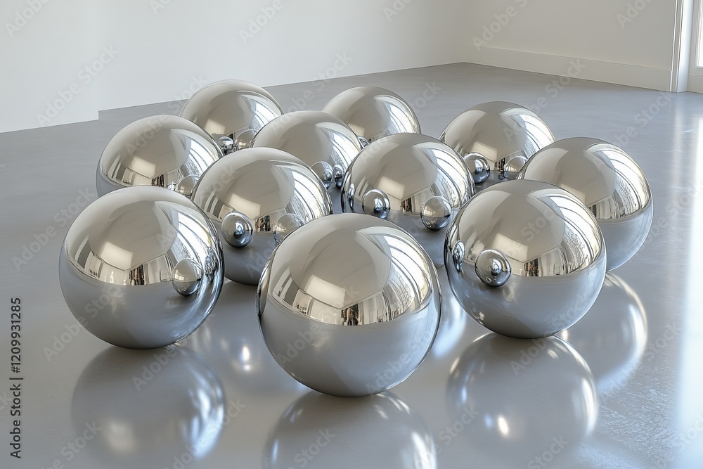 Fototapete A striking arrangement of metallic, reflective spheres on a sleek gallery floor, creating an abstract and visually engaging composition of light and form.