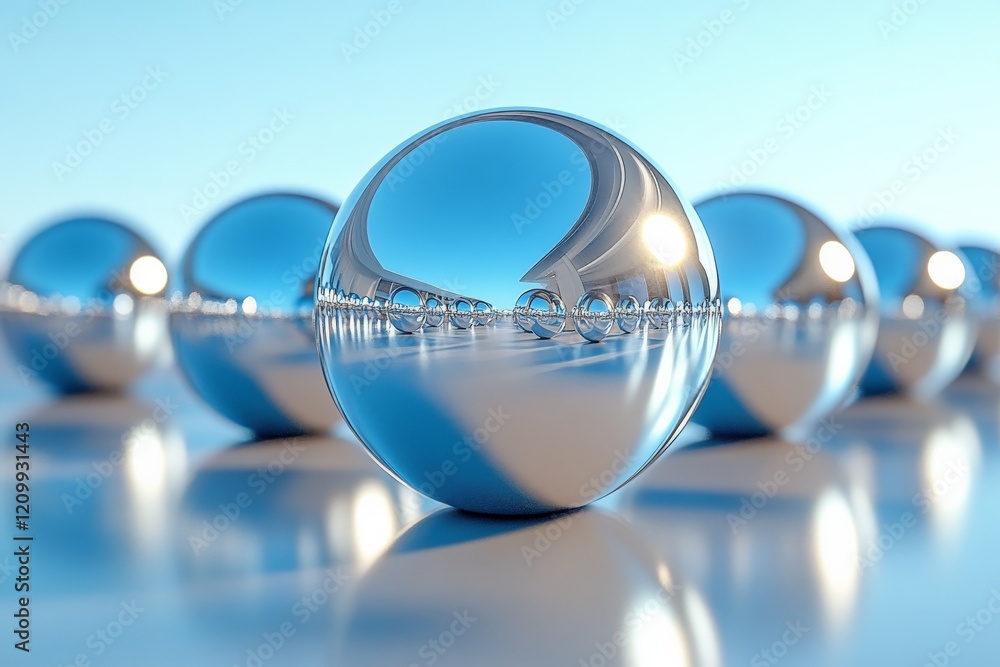 Poster a series of reflective spheres on a glossy surface in a surreal, futuristic style, capturing light a