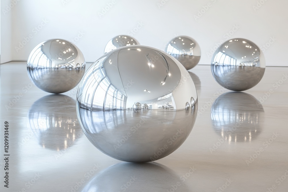 Poster a group of shiny reflective spheres arranged in an art gallery room, demonstrating interaction of li