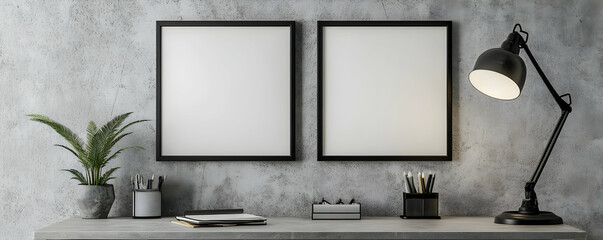 Modern desk, two frames, gray wall, lamp