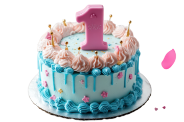 a beautifully decorated birthday cake featuring a light blue base. pink frosting. and a large pink number one on top. surrounded by party decorations like balloons and confetti. perfect for a first bi