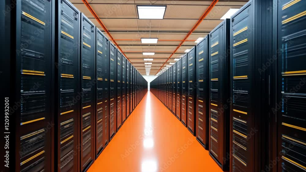 Poster long corridor lined with server racks in a modern data center, showcasing advanced technology and in
