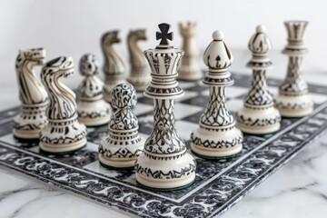 A beautifully designed chess board featuring gorgeously detailed pieces, each piece showcasing a unique artistic flair following a traditional style.
