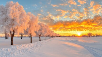 Obraz premium Frosty sunrise over snowy field, winter landscape, idyllic scene, nature photography