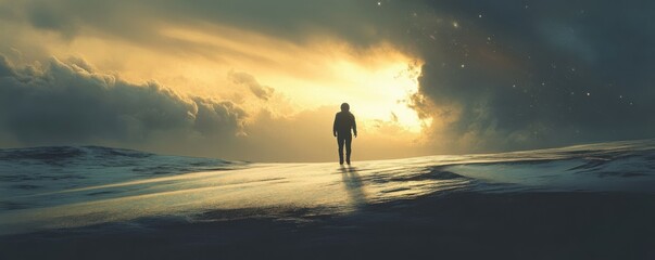 A lone astronaut returning to Earth after a long journey through the cosmos, bringing back a message of universal love and understanding.